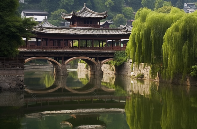 春天河边柳树古建筑桥风景,高清,摄影图,摄影图片,图片大全,摄影图免费下载